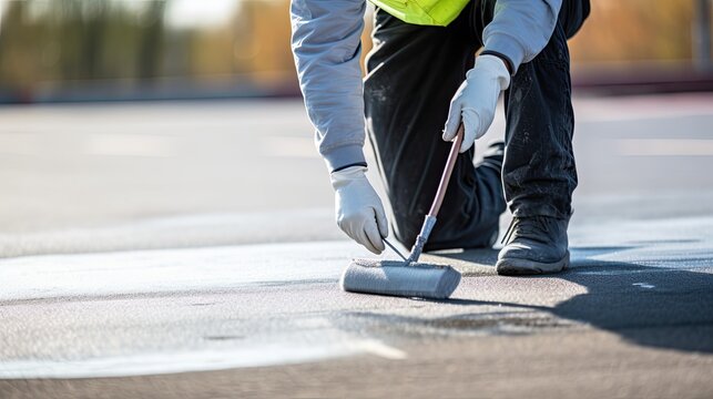 Man painting white line on road with small brush
