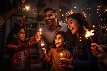Happy Indian family celebrating Diwali festival with fire crackers. Diwali festival concept - obrazy, fototapety, plakaty