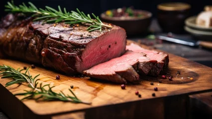  Grilled beef steak with rosemary and peppercorns on wooden board © TheoTheWizard