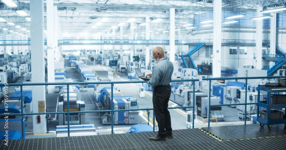 Poster Experienced Male Engineer Standing on a Platform, Using Laptop Computer and Overlooking Production at a Modern Automated Electronics Manufacture with AI Support. Factory Executive at Work