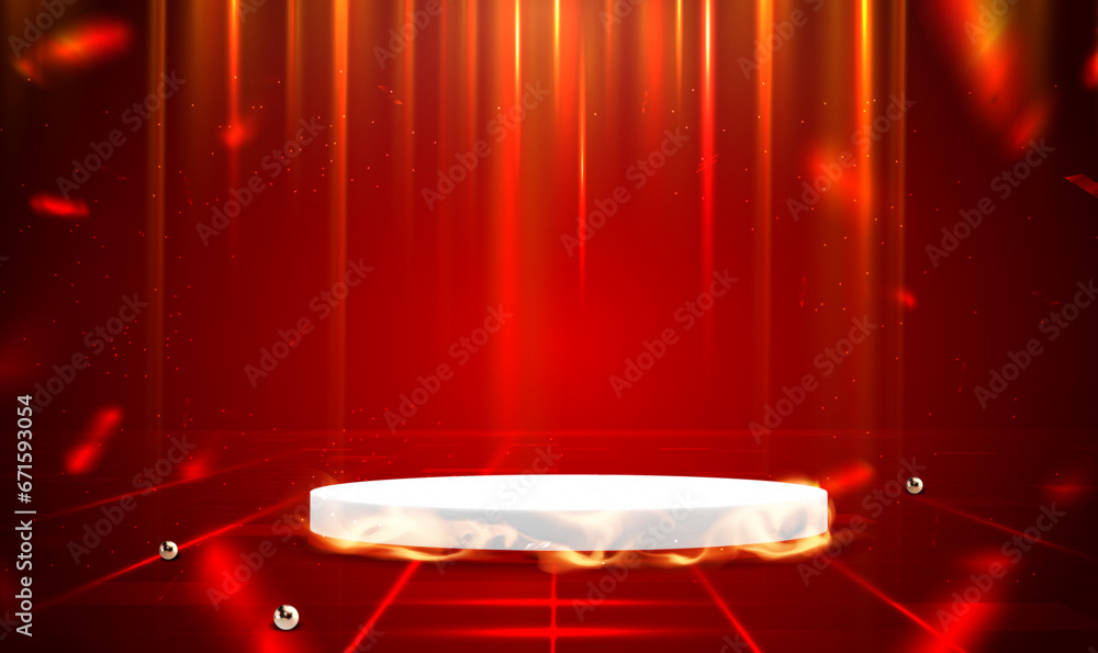 Aufkleber product display podium with fire flame on digital technology red light room background. backdrop for