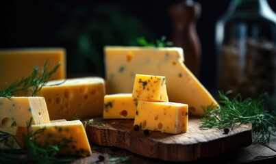 Cheese collection, pieces of yellow cheese with dill close up