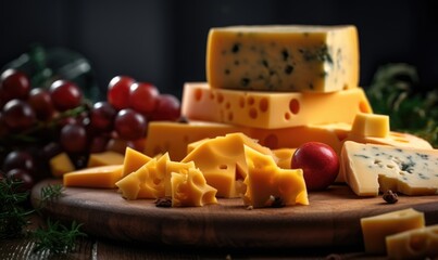 Cheese composition, different types of cheese and grape on a wooden cutting board