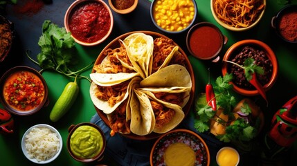 Mexican festive food for independence day independencia - chiles en nogada, tacos al pastor, chalupas pozole, tamales, chicken with mole poblano sauce. Colorful background, top view.
