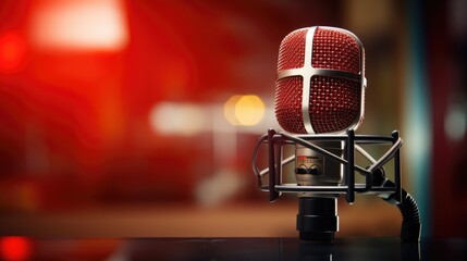 Microphone in radio station broadcasting studio.
