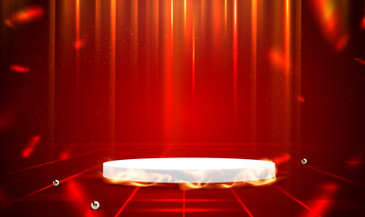 Product display podium with fire flame on digital technology red light room background. Backdrop for display product on sale. Futuristic glowing design for product display presentation. Vector EPS10.