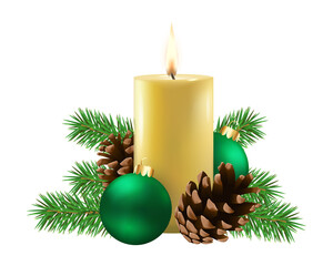 Christmas composition with candle, branches of a christmas tree, pinecone, christmas ornament
