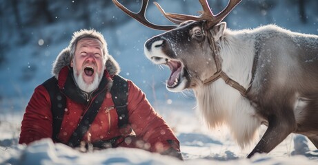 Santa Claus laughing heartily while playing with reindeer in a snow-covered meadow