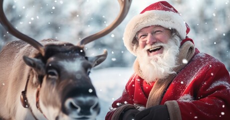 Santa Claus laughing heartily while playing with reindeer in a snow-covered meadow