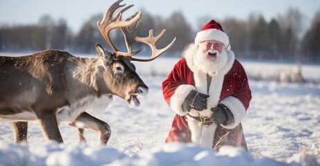 Santa Claus laughing heartily while playing with reindeer in a snow-covered meadow