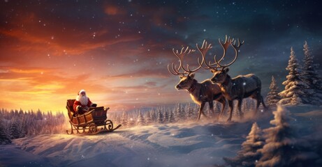 Santa Claus guiding his sleigh through the night sky - obrazy, fototapety, plakaty