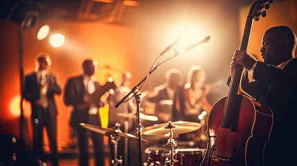 Musicians playing in jazz band on stage.
