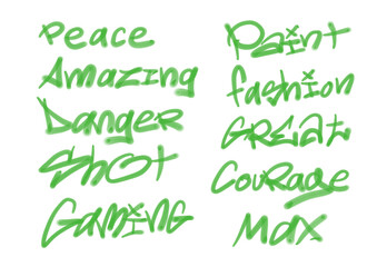 Collection of graffiti street art tags with words and symbols in green color on white background
