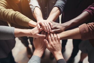 community and support concept, hands of people together, group circle
