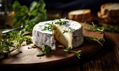 Homemade cheese with herbs and olive oil on a wooden board.