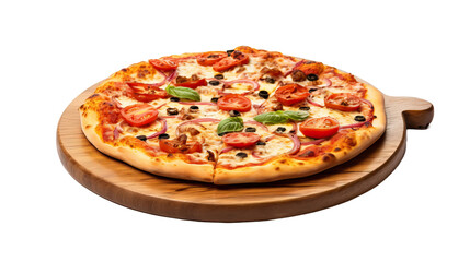Pizza on wooden board on transparent background