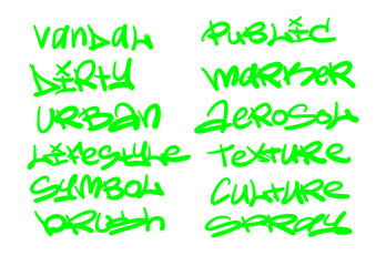 Collection of graffiti street art tags with words and symbols in light green color on white background