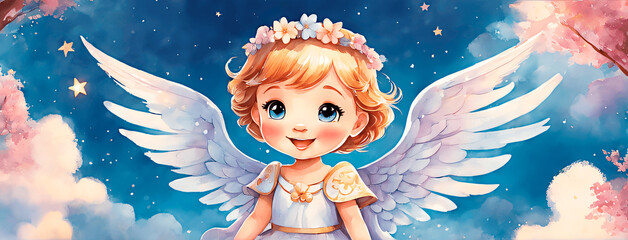 Cute little angel girl with a crown of flowers under the night sky with clouds. Watercolor painting style. Banner format.