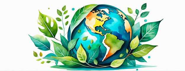 Planet Earth with leaves on white background. Eco concept. watercolor painting style. - obrazy, fototapety, plakaty