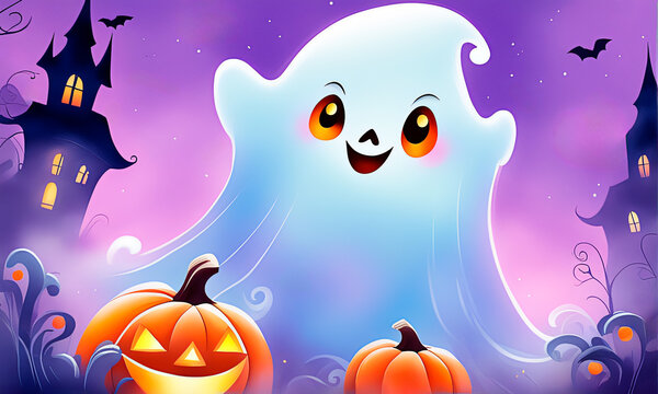 Cute halloween background with a iittle ghost,  bats, pumpkins and haunted house on purple background. Illustration in watercolor style.