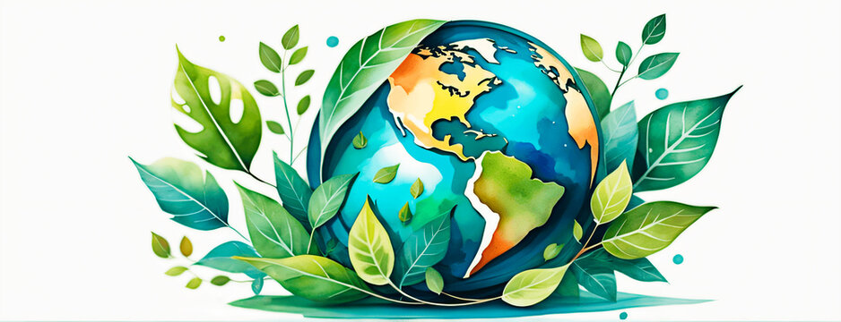 Planet Earth with leaves on white background. Eco concept. watercolor painting style.