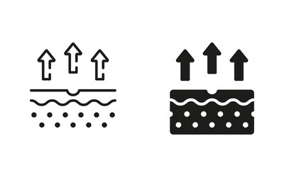 Moisture Evaporation of Skin Symbol Collection. Skin Water Loss Line and Silhouette Black Icon Set. Skin Structure and Arrows Up Moisture Wicking Process Pictogram. Isolated Vector Illustration