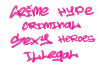 Collection of graffiti street art tags with words and symbols in purple color on white background