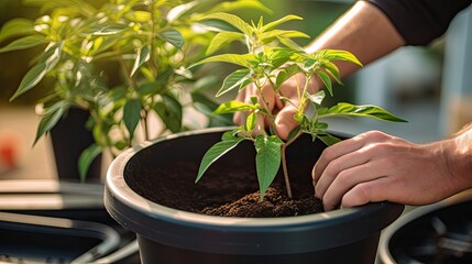 Plant being transferred to a bigger pot
