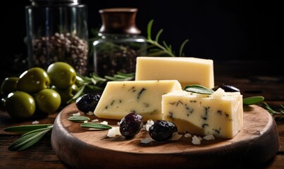 Cheese with olives and rosemary on a wooden board.