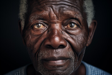 Close up portrait of old sad unhappy afro man looking at camera. Part of black unshaved male face. - Powered by Adobe