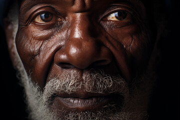 Close up portrait of old sad unhappy afro bearded man looking at camera. Part of black male face.