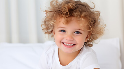 Portrait of a cute little boy with blond curly hair.
