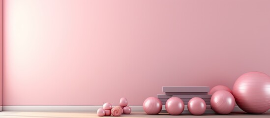 3D render of a fitness mat and dumbbells with a pastel pink background - obrazy, fototapety, plakaty
