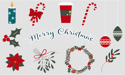 Christmas Elements Set, Christmas Icons, Hand Drawn, Candy, Seasonal Leaves, Berries, Mistletoe, Christmas Wreath, Candle, Holly, Poinsettia, Vector, Isolated, Branch, Red, Green, New Year, Decor