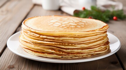 Russian pancake blini on white wooden background.
