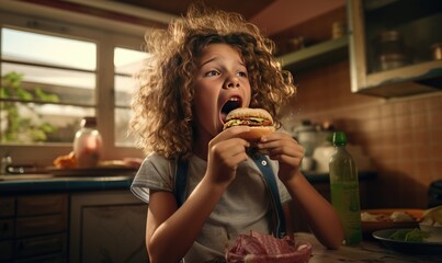 Cute little girl is eating a hamburger in the kitchen.