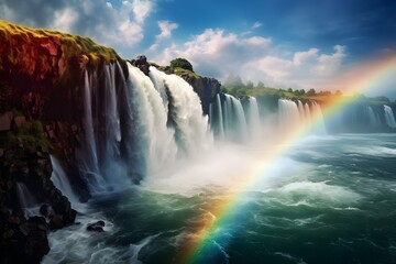 A vibrant rainbow stretching across a misty waterfall.