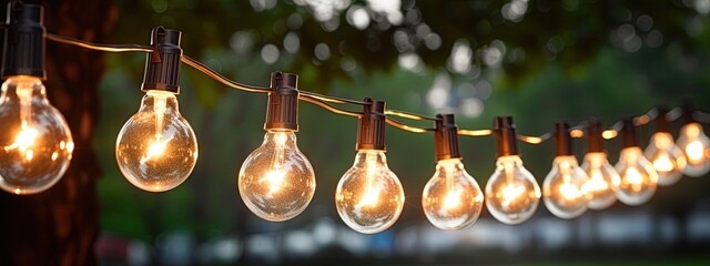 Vintage style light bulbs hanging outdoors. Decorative lights background. Generative Ai