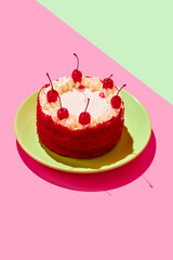 Delicious cake with cream and cherries isolated on multicolored background. Concept of food, desserts, birthday celebration, party, bakery. Pop art style. Copy space for ad. Poster