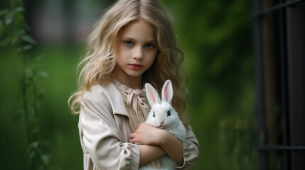 A cute little girl with long blond hair is holding a white rabbit.