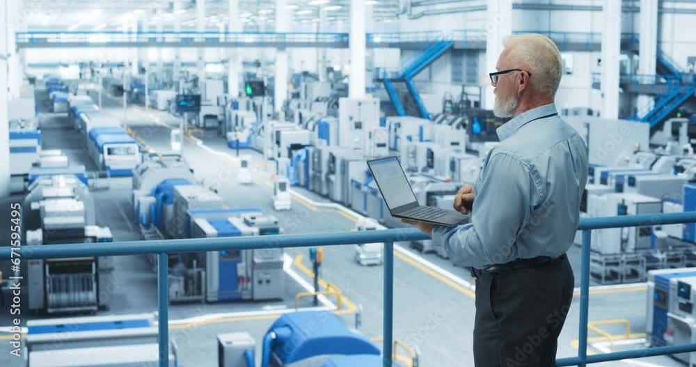 Poster Industrial Engineer Working at a Technology Factory. Middle Aged Male Using Laptop Computer at Work, Browsing Electronics Information Online. Static Footage with Man's Back Turned to Camera