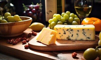 Cheese composition with grapes, wine and nuts on a wooden board