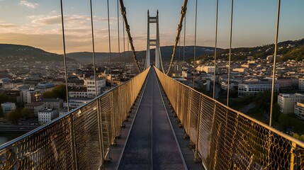 a bridge with a large suspension bridge and a city in the background