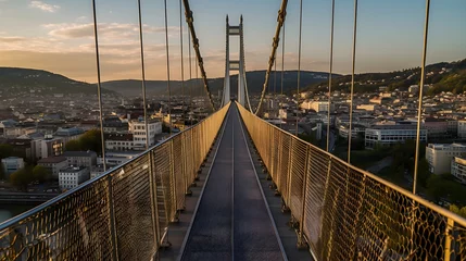 Keuken spatwand met foto a bridge with a large suspension bridge and a city in the background © Andrei