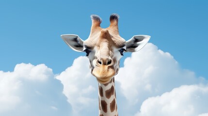 Single giraffe sticking his head out of clouds
