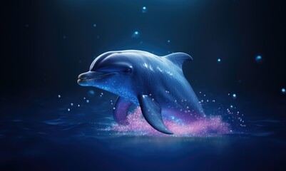 Dolphin floating in the ocean. Dolphin in magic light. Glowing particles around the dolphin.