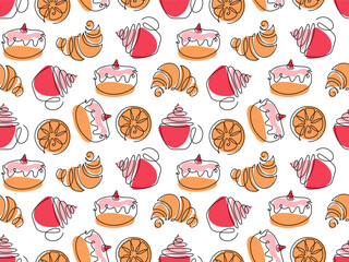 Sweets for tea party. Hot drink cup, lemon, cake. Seamless pattern. Lineart vector illustration with sweets for tea. Doodle coffee cap, donut background for wallpaper, wrapping, textile, scrapbooking.