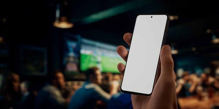 CU Caucasian man using phone inside a sports bar, online betting, bookmaker