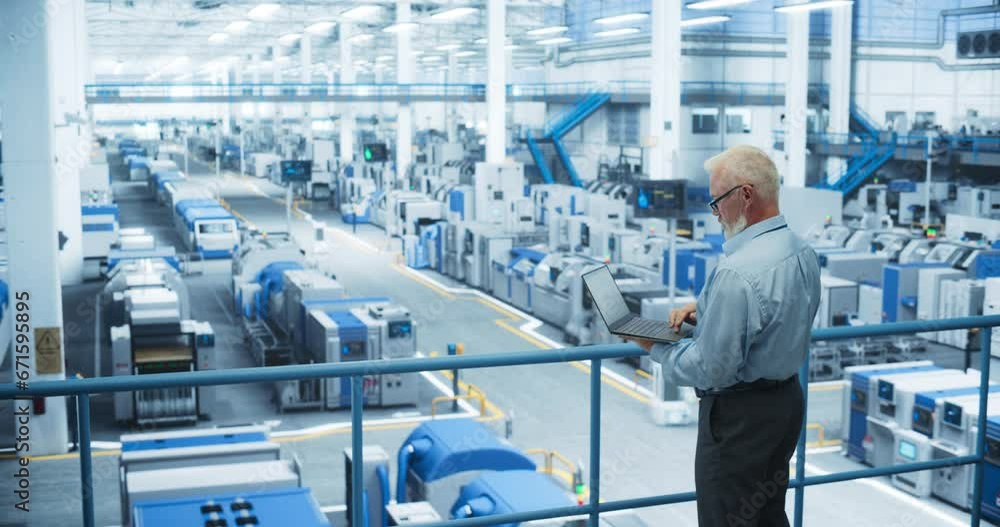 Poster Factory Manager Working on Laptop at a Futuristic Industrial Manufacture with Autonomous Support Robots. Specialist Monitoring Technical Data on a Computer, Analyzing Reports and Planning Updates