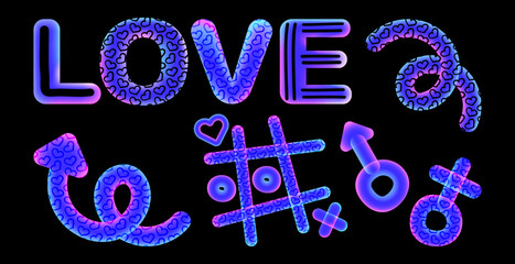 Set of doodle elements in neon color with gradient. Game tic-tac-toe, arrow, gender signs, love. Vector illustration.